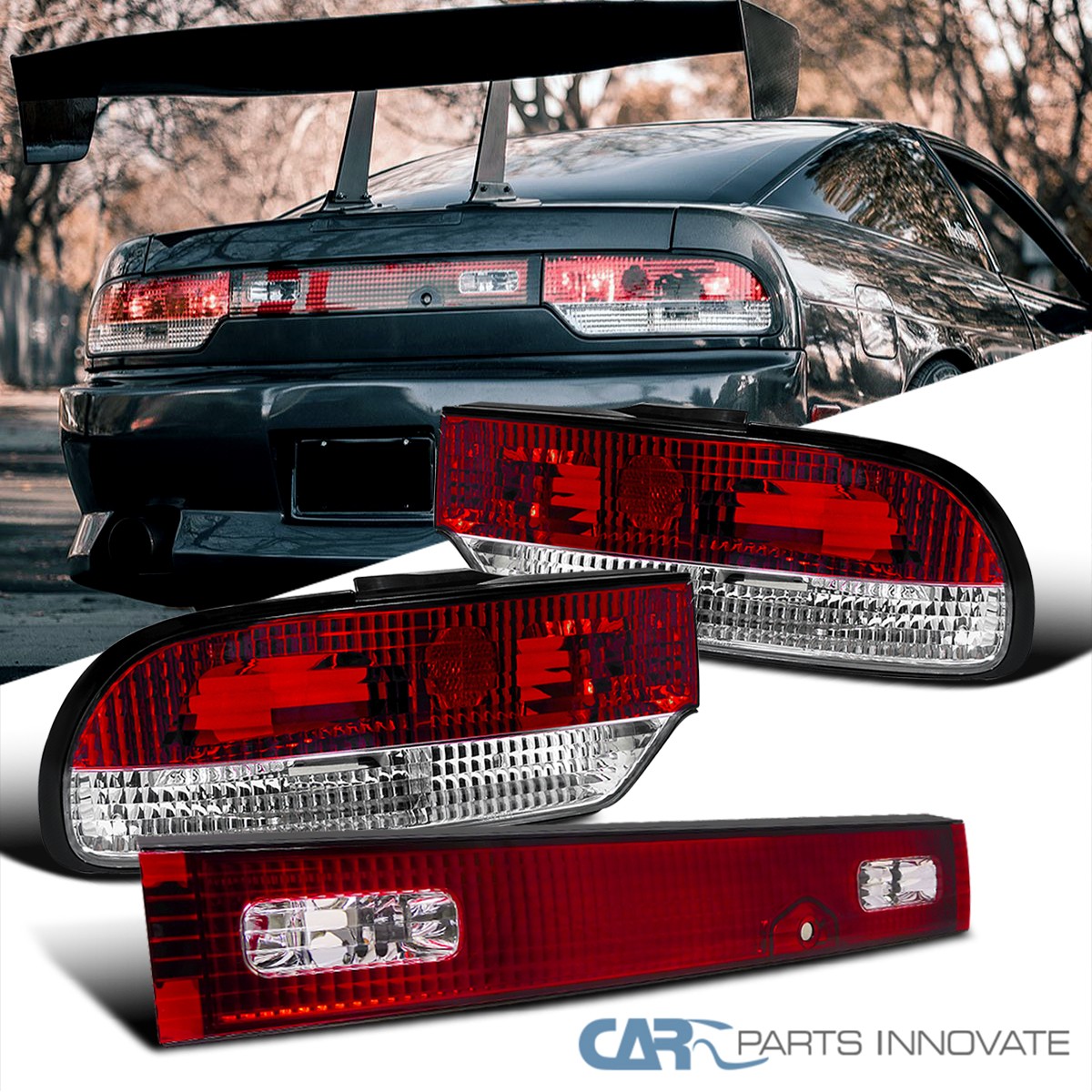 Fit 89-94 240SX S13 3Dr Hatchback Red Tail Brake Lights+Center Trunk Lamp