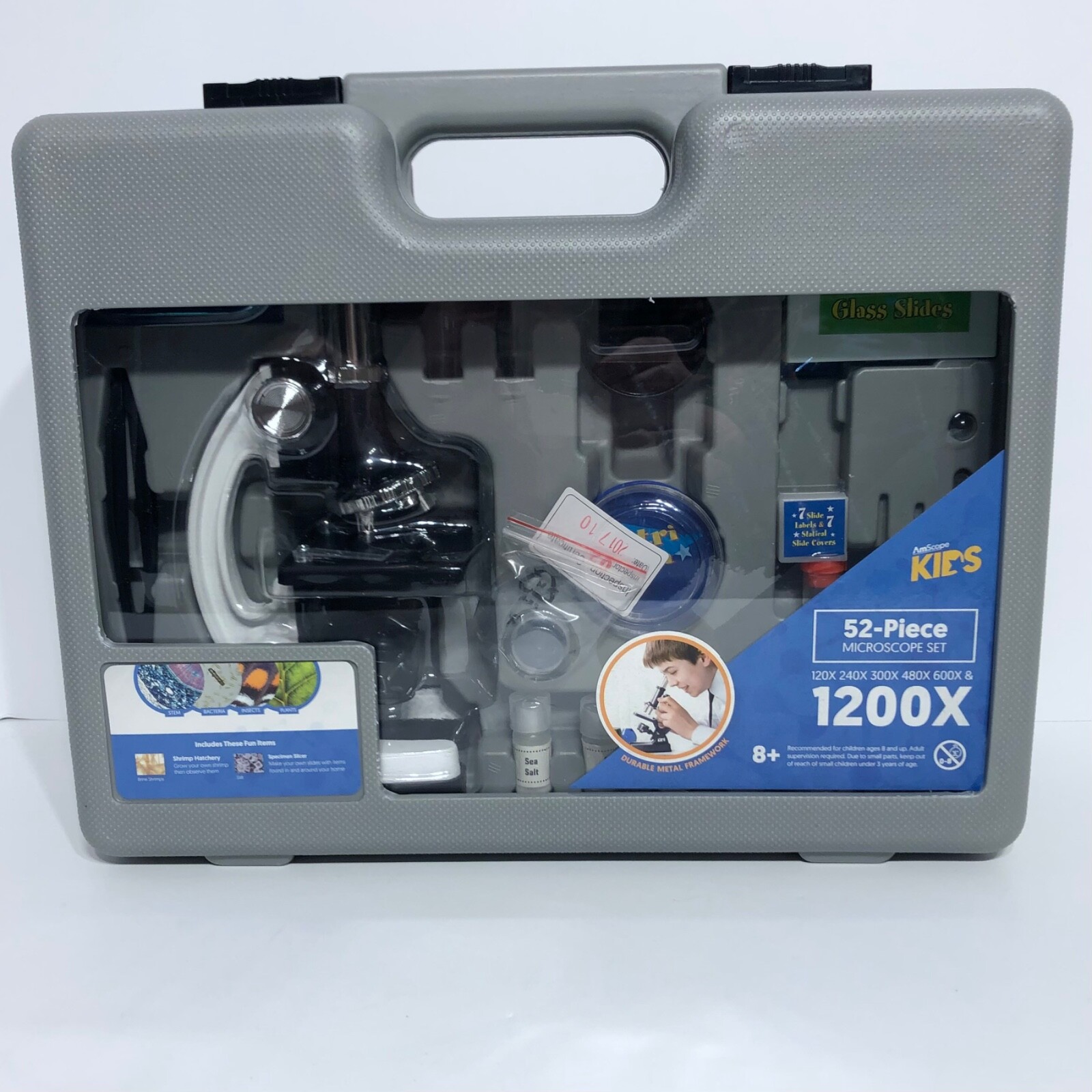 AmScope 52pc 120X-1200X Kids Starter Compound Microscope Portable Science Kit