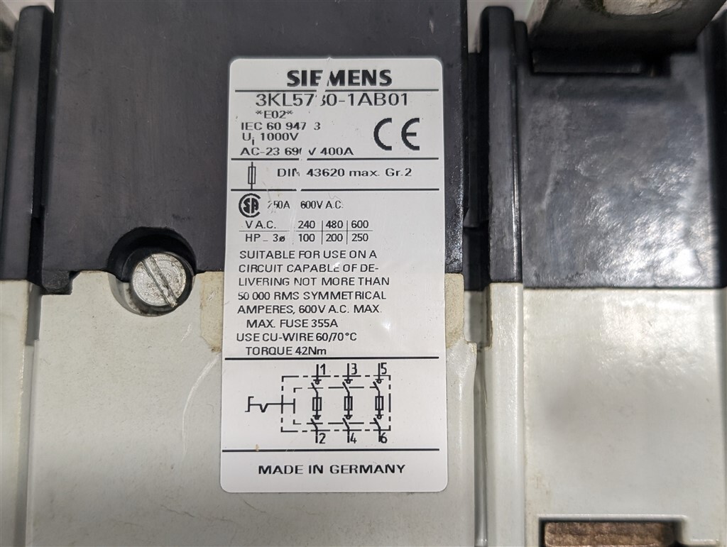 USED Siemens 3KL5730-1AB01 Disconnect Switch Mechanism 400A 600VAC