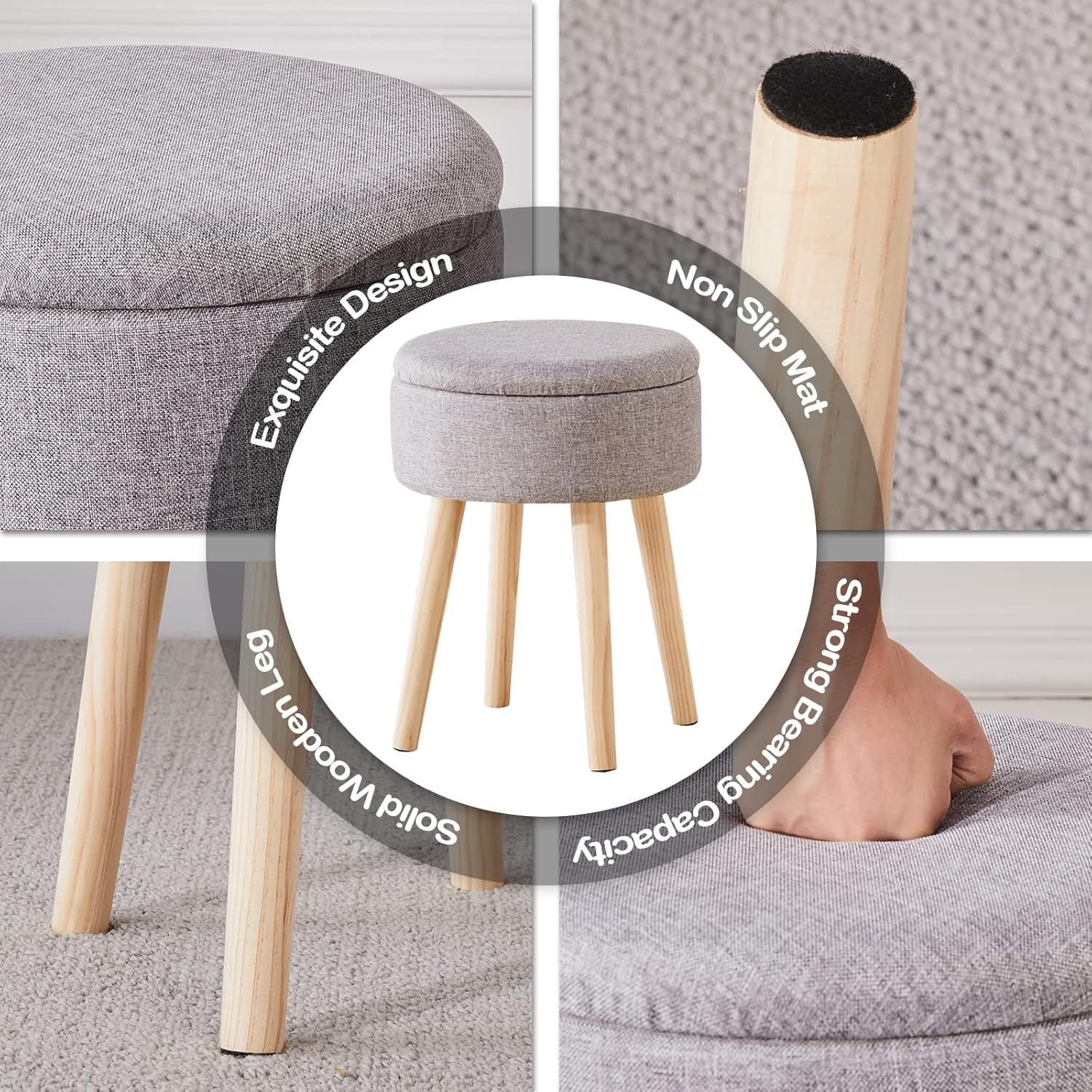 Storage Ottoman Linen Round Vanity Stool Tray Top Modern Foot Stool with Wood Le