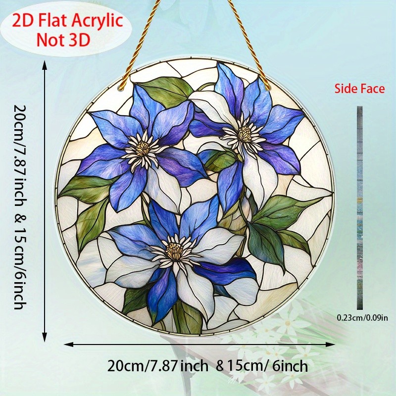 Blue Clematis Flowers Acrylic Suncatcher Whimsical Garden Boho Window Wall Decor