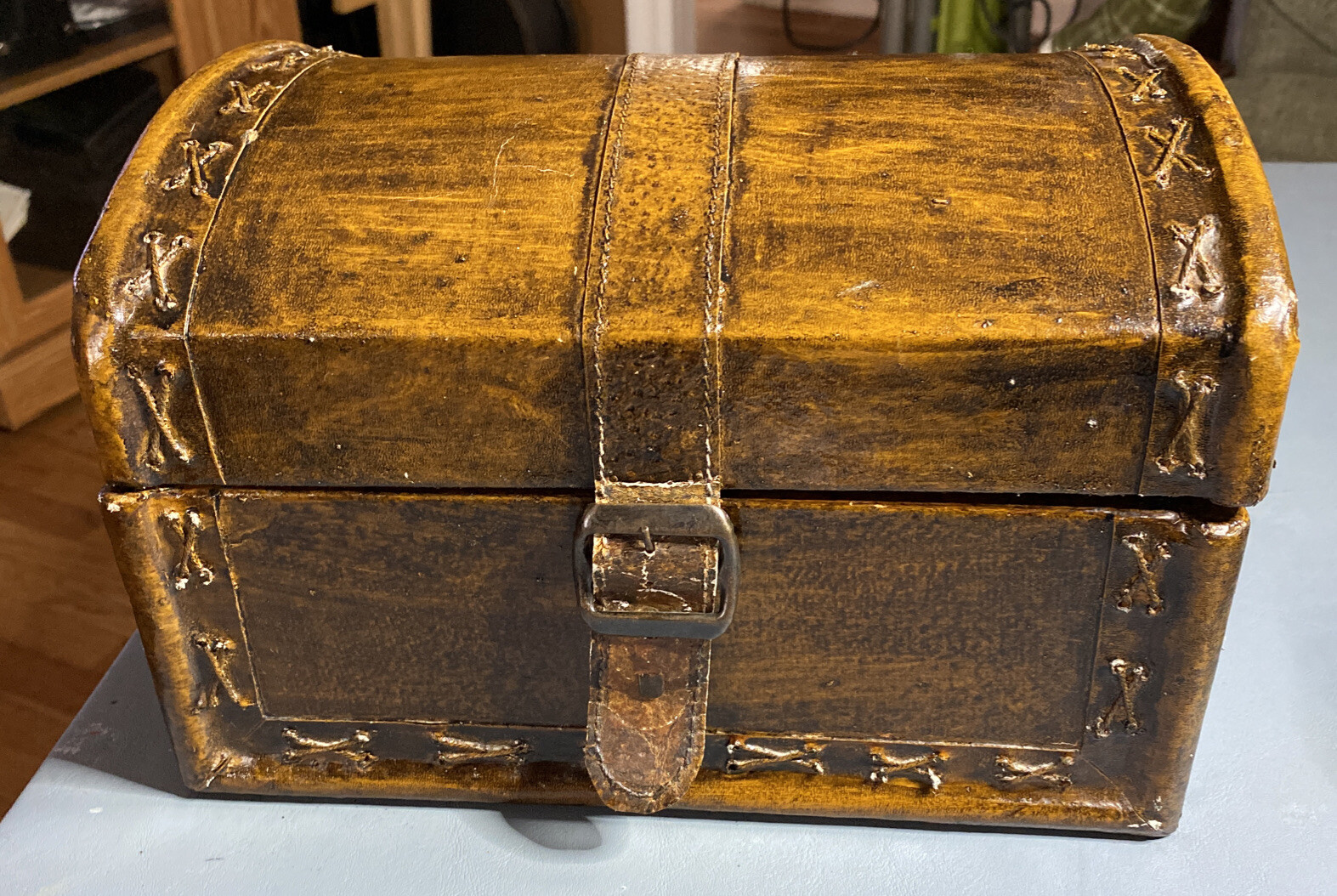 Decorative Brown Wooden Trunk with Front Buckle Snap Closure
