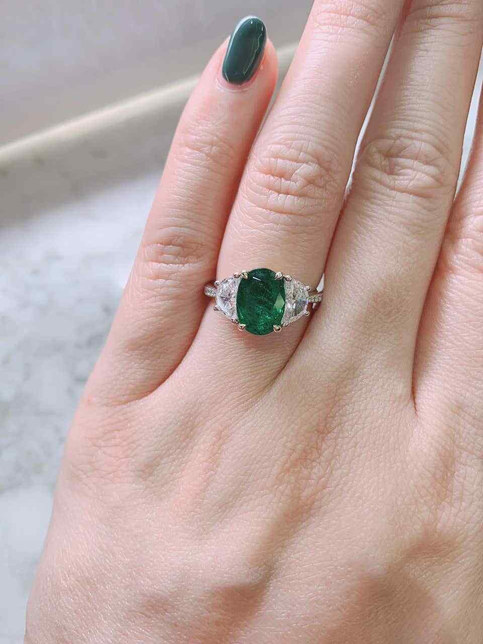 Lab-Created Forest Green 2.3CT Emerald & Two Half Moon Shape CZ Three Stone Ring