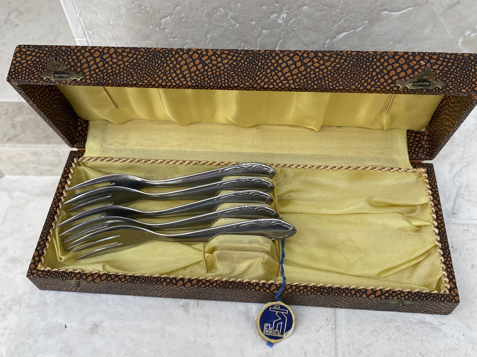 Set of 5 Stainless Steel cake forks in original Pre WWII Box FRIBAL Solingen