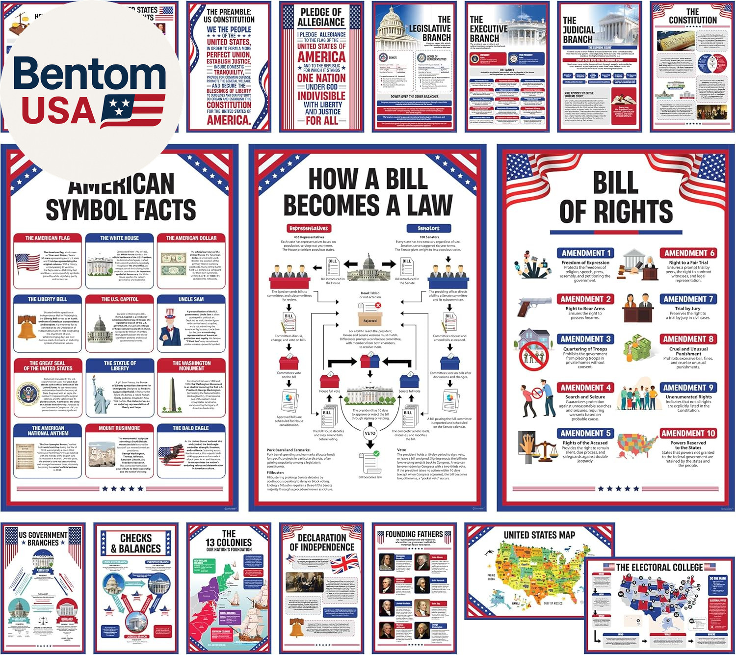 18 US Government Posters for Classroom, 11X17In Matte-Laminated Educational Bill