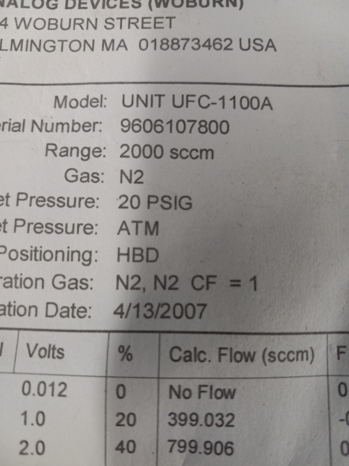 Unit Instruments UFC-1100A Mass Flow Controller 2 SLM N2 CALIBRATED