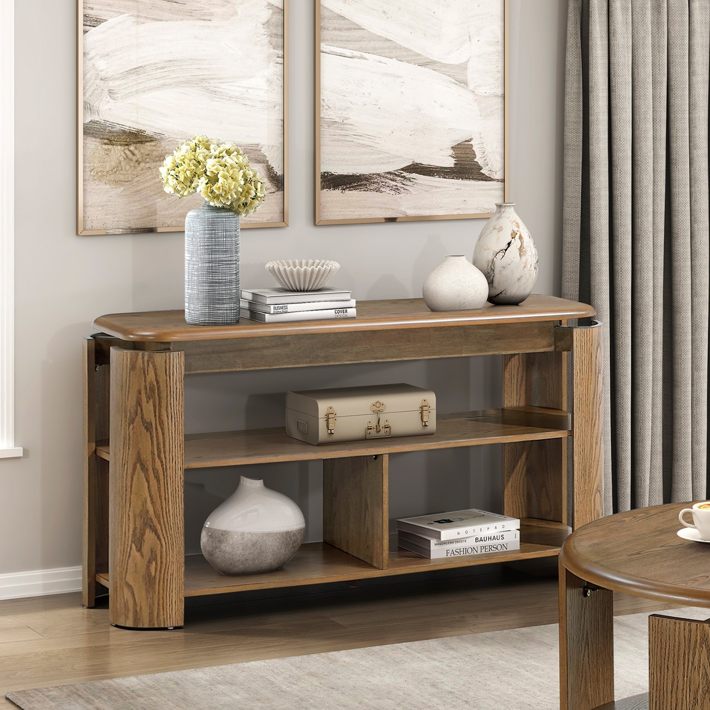 Brown Finish Sofa Table with Storage Open Shelves Living Room Furniture 1pc Cons