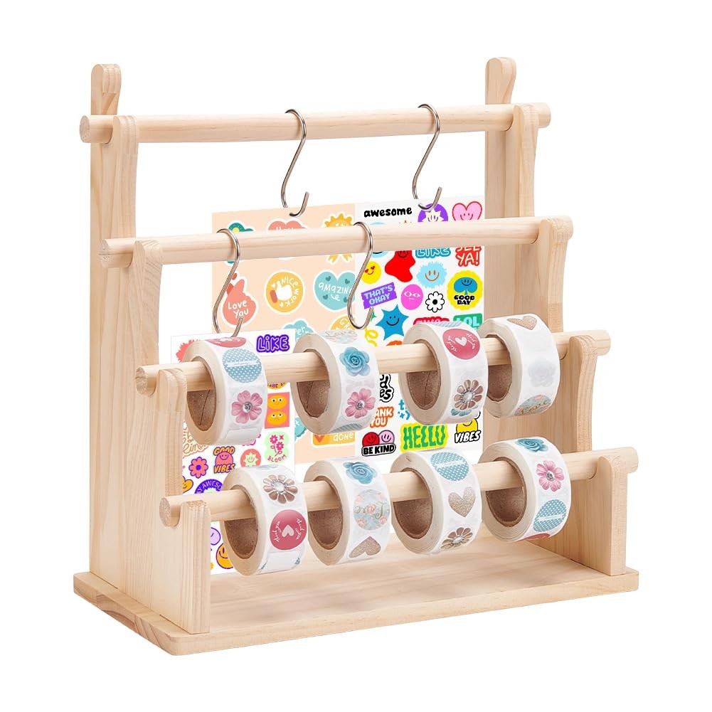 4-Tier Paper Tapes Sticker Organizer Burlywood Sticker Rolls Display Rack Woo...