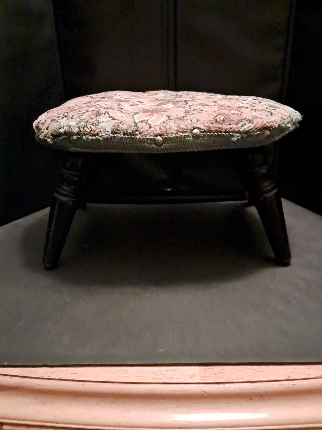 ANTIQUE OVAL FLORAL UPHOLSTERED CRICKET FOOTSTOOL 7"TALL 14" LONG 11"WIDE