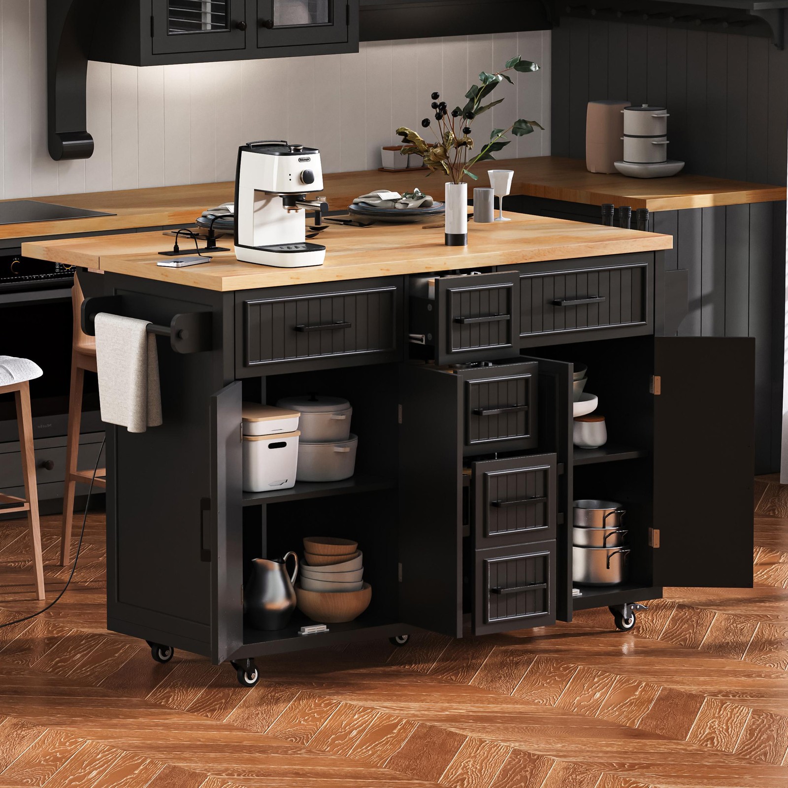 56.5'' Kitchen Island Rolling Kitchen Cart w/Drop Leaf, Power Outlet & 5 Drawers
