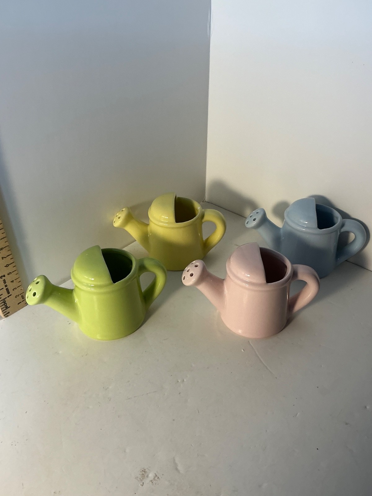 Hobby Lobby miniature ceramic watering can set of four planters Pastel colors