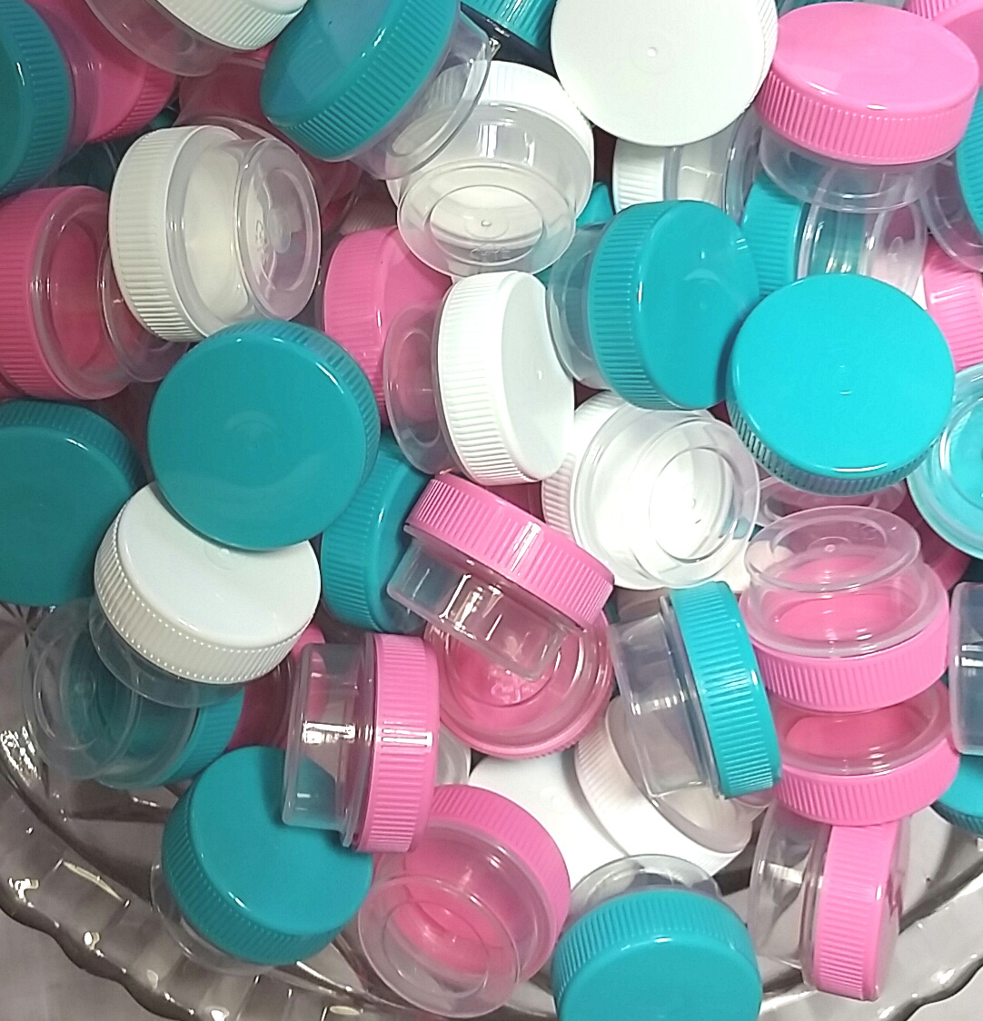50 Sample JARS 3301 Makeup Balm Container Aqua Pink White Cap 1tsp DecoJars