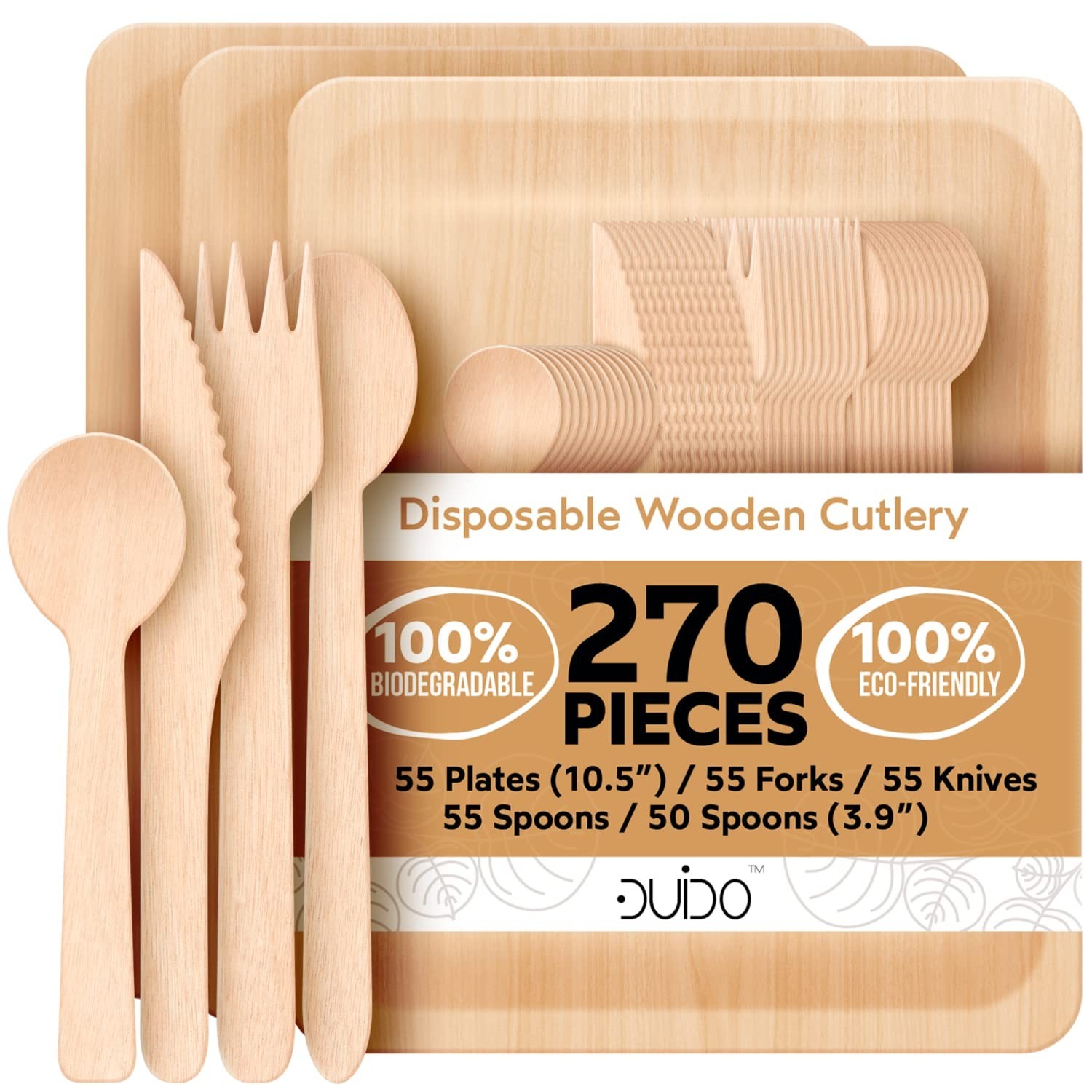 Disposable Biodegradable Plates and Wooden Cutlery - (Pack of 270) 55 10.5-in...