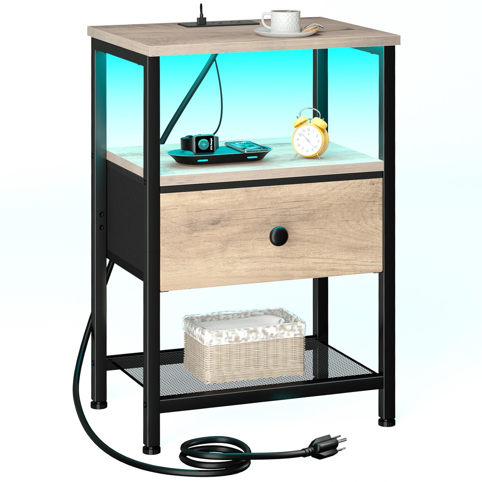 LOAKEKEL Nightstand with Charging Station, End Table with Fabric Drawer, LED Nig