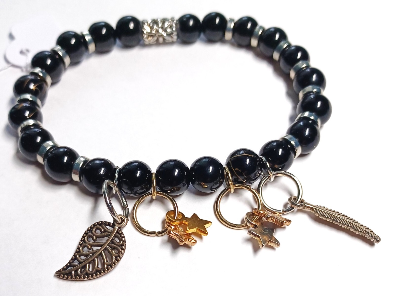 Beaded Dangling Charms Black Glass Bracelet