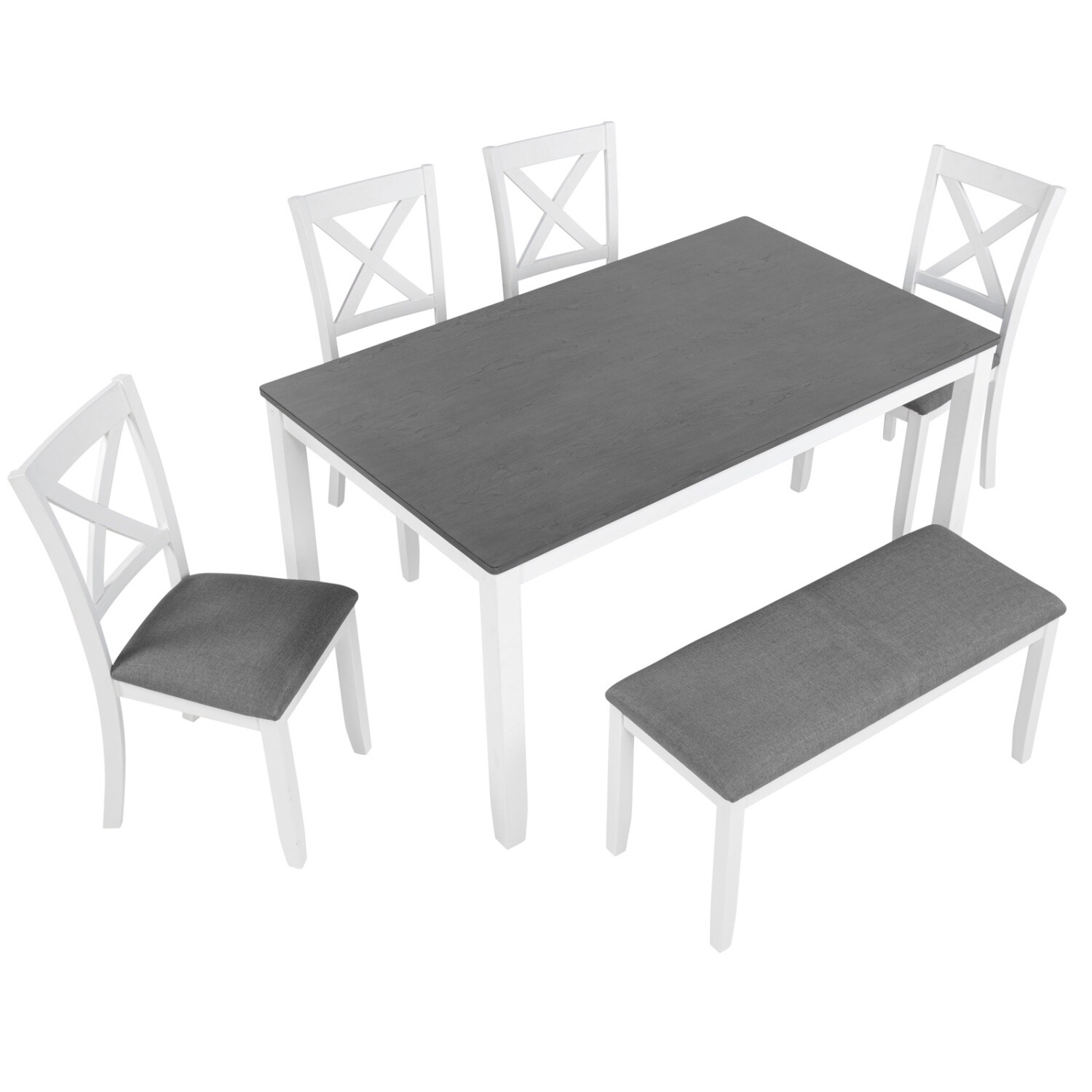 6 Piece Dining Table Set Wooden Dining Table Kitchen Table with 4 Chair & Benchs