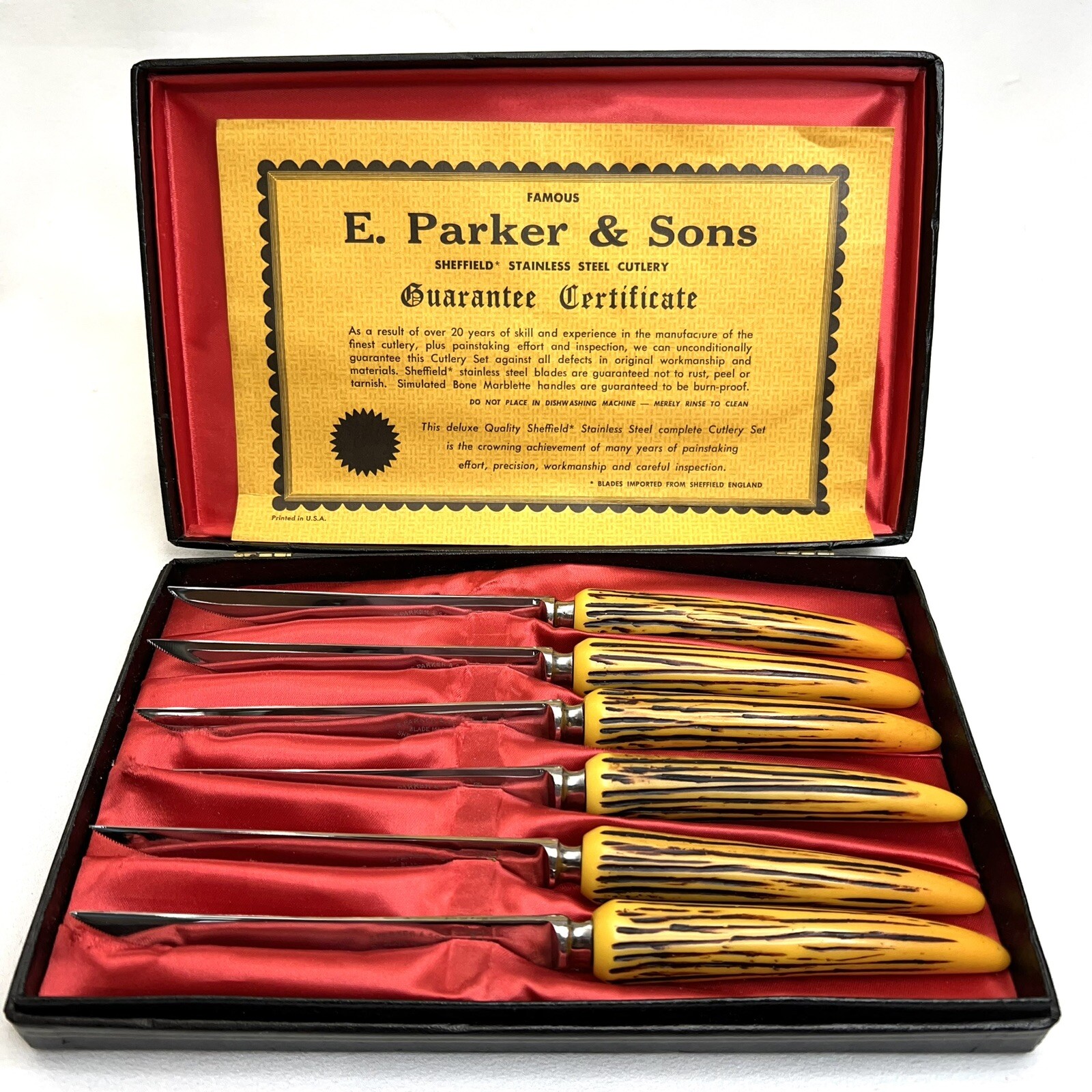 Parker Sons Stainless Steel 3709 Sheffield England Set Of 6 Steak Knives Antler