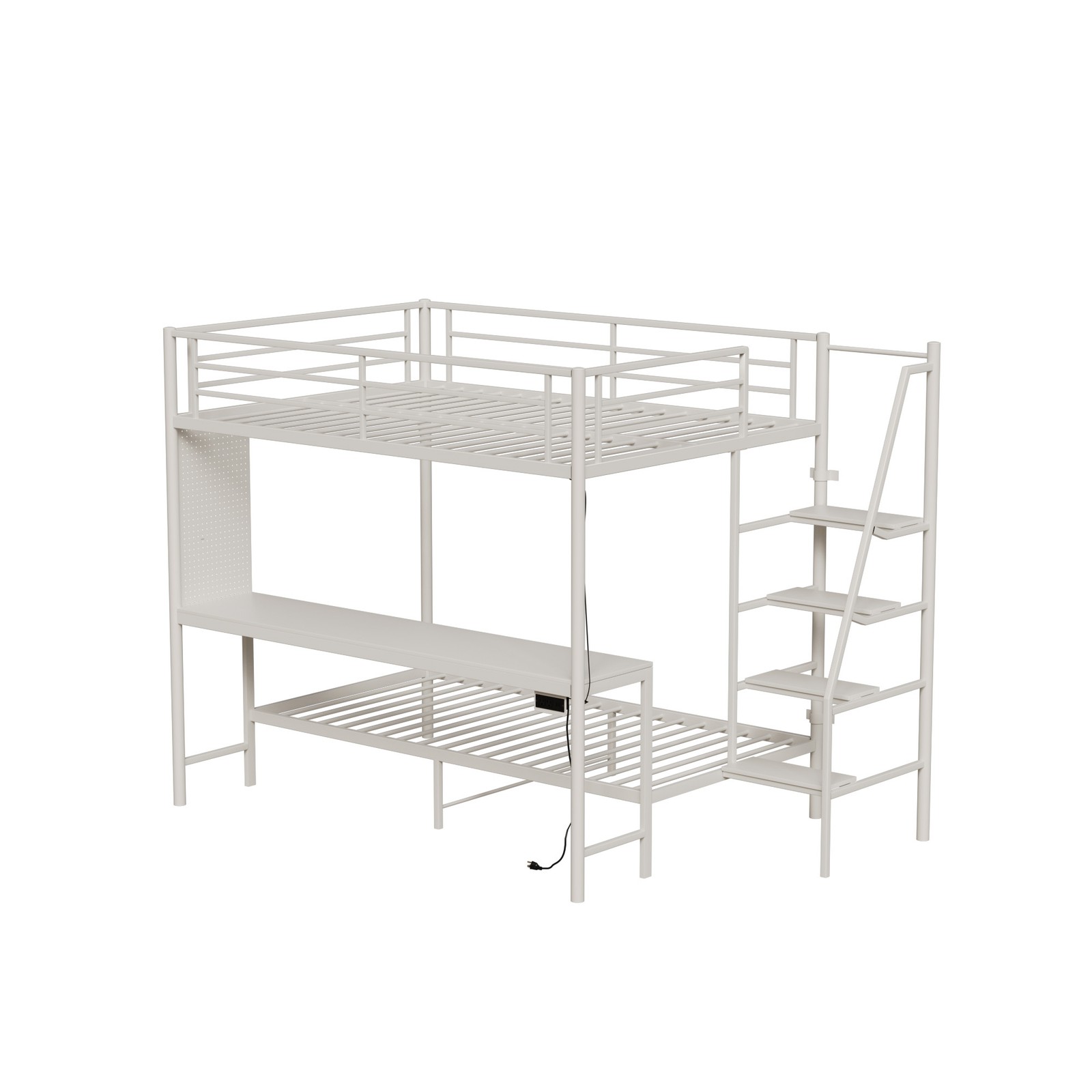 Modern Metal Bunk Bed Full Size White Bed Frame w/LED light and Charging Socket
