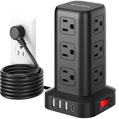 Surge Protector Power Strip 6.5 FT Cord, Power Strip Tower with 4 6.5FT Black