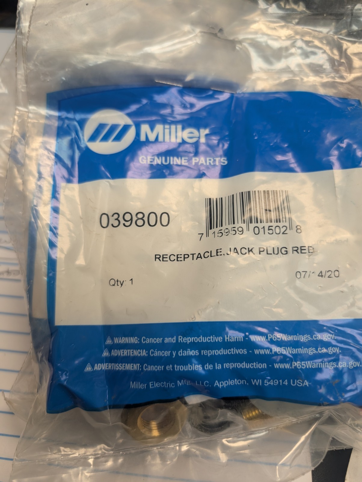 Genuine Miller Electric 039800 Jack Plug Red Receptacle