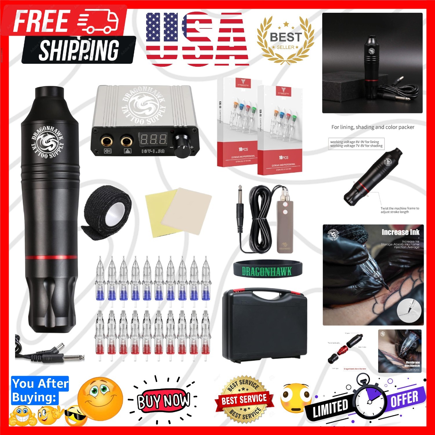 Cartridge Tattoo Machine Kit Pen Rotary Tattoo Machine Cartridge Needles Powe...