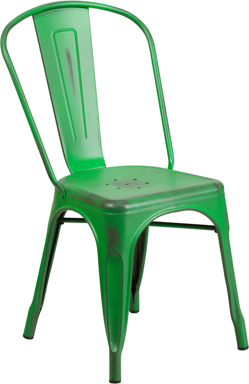 Industrial Style Distressed Green Metal Restaurant Chair For Indoor or Outdoor