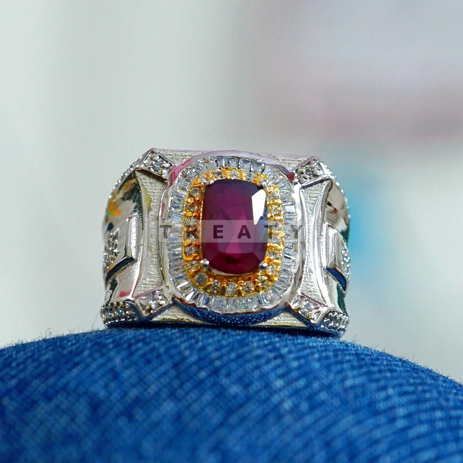 Garnet Cushion Cut Gemstone With 14K Solid White Gold Ring For Men's #B804