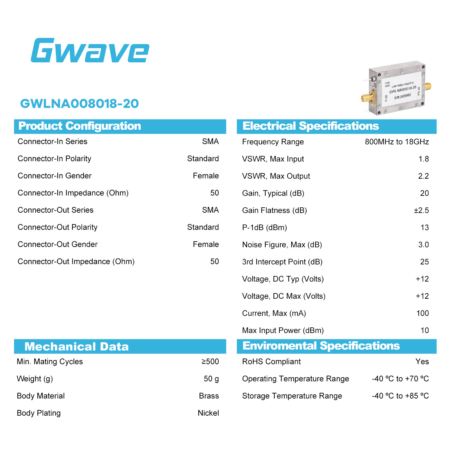 SMA Female Low Noise Amplifier(LNA), 2.5dB Noise Figure, 800M - 18GHz, 20dB Gain