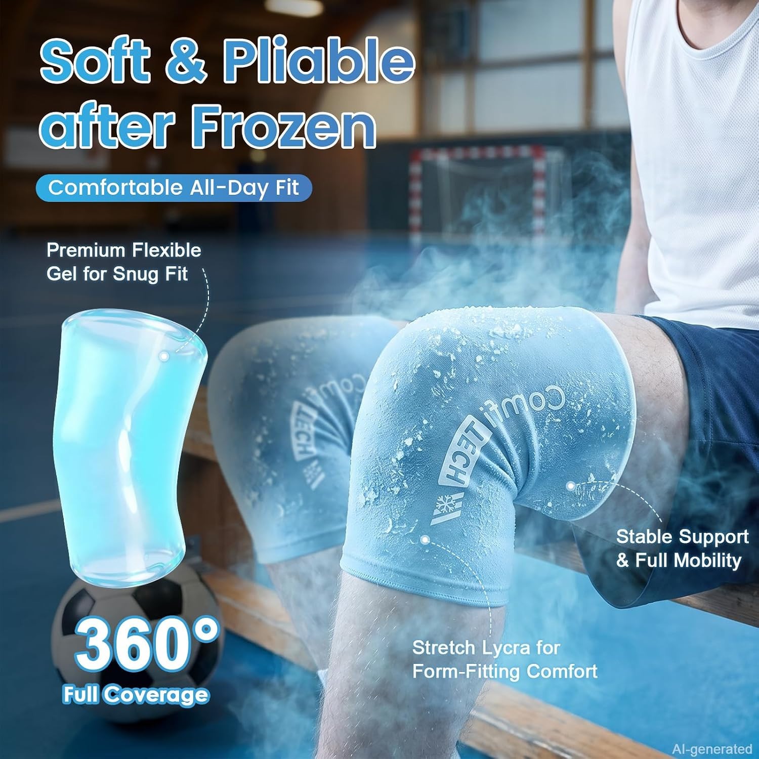 ComfiTECH Youth Knee Gel Ice Pack Wrap Sleeves, 2 Packs, Large 360 Full Coverage