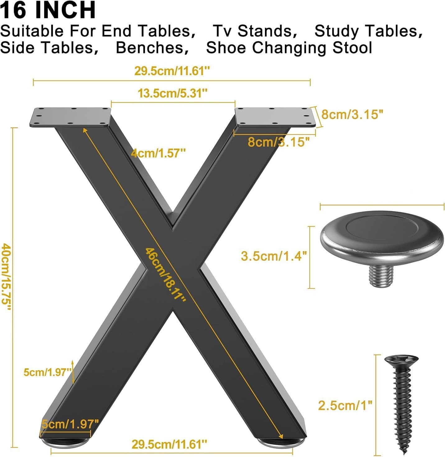 16" Metal Coffee Table Legs, Diamond Shape Bench Legs, Heavy Duty Desk Legs, Bla