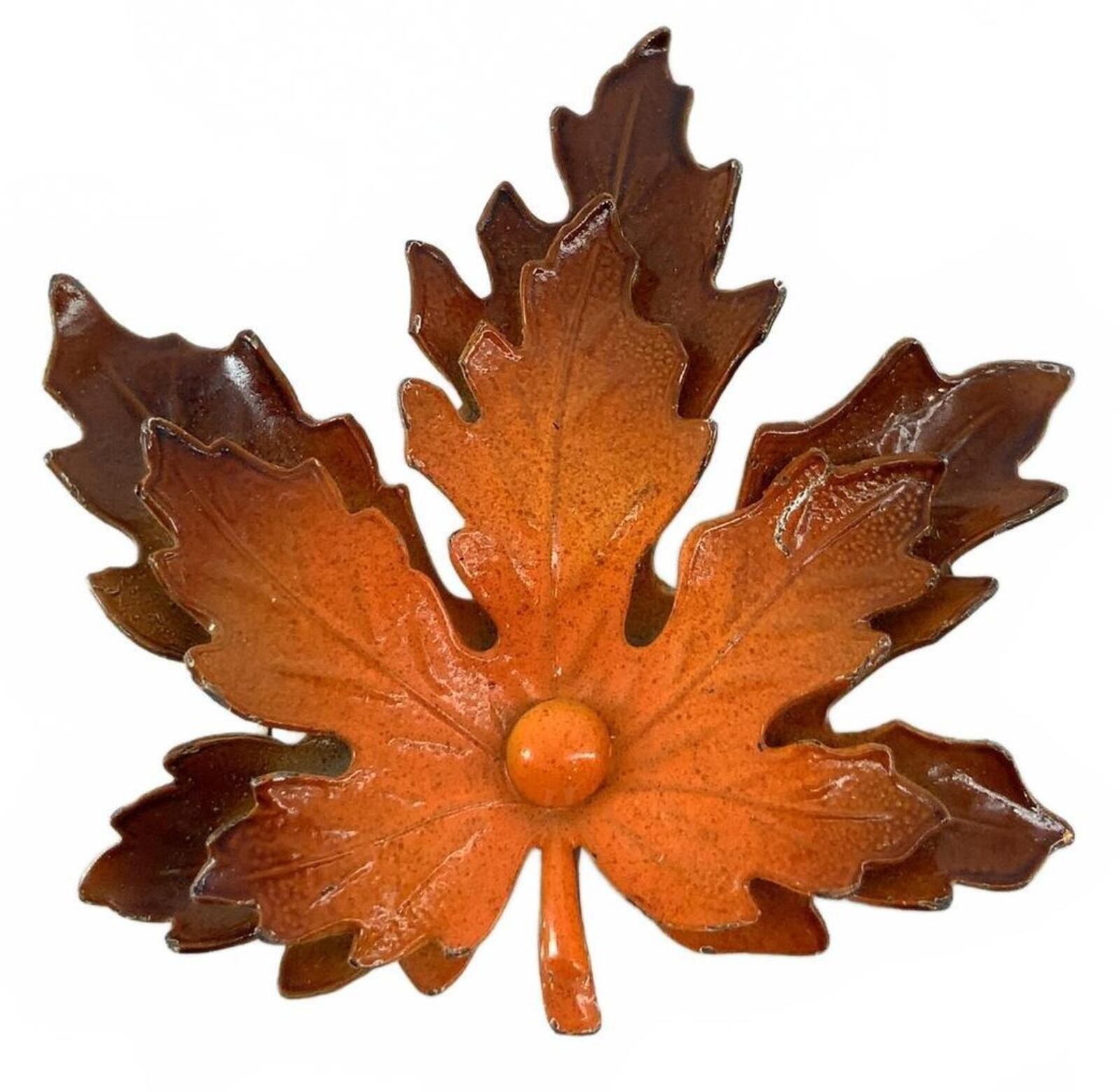 Vintage Enamel Metal Mid Century Maple Leaf Brooch Orange Brown Autumn Pin