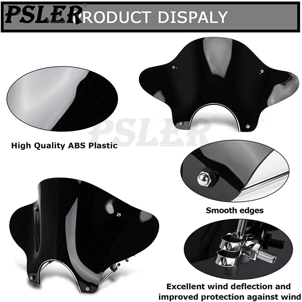 Universal Motorcycle 7/8" Cruiser Windshield Windscreen with Mounting Kit Black