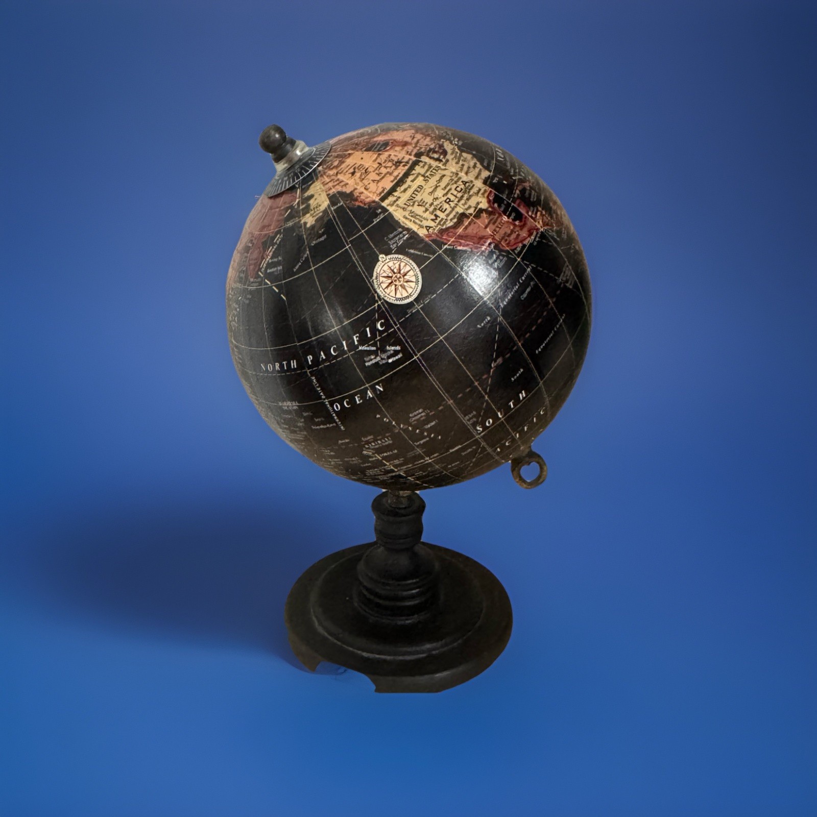 Decorative Table Top Spinning Globe W/ Black Details Measures 8” Tall