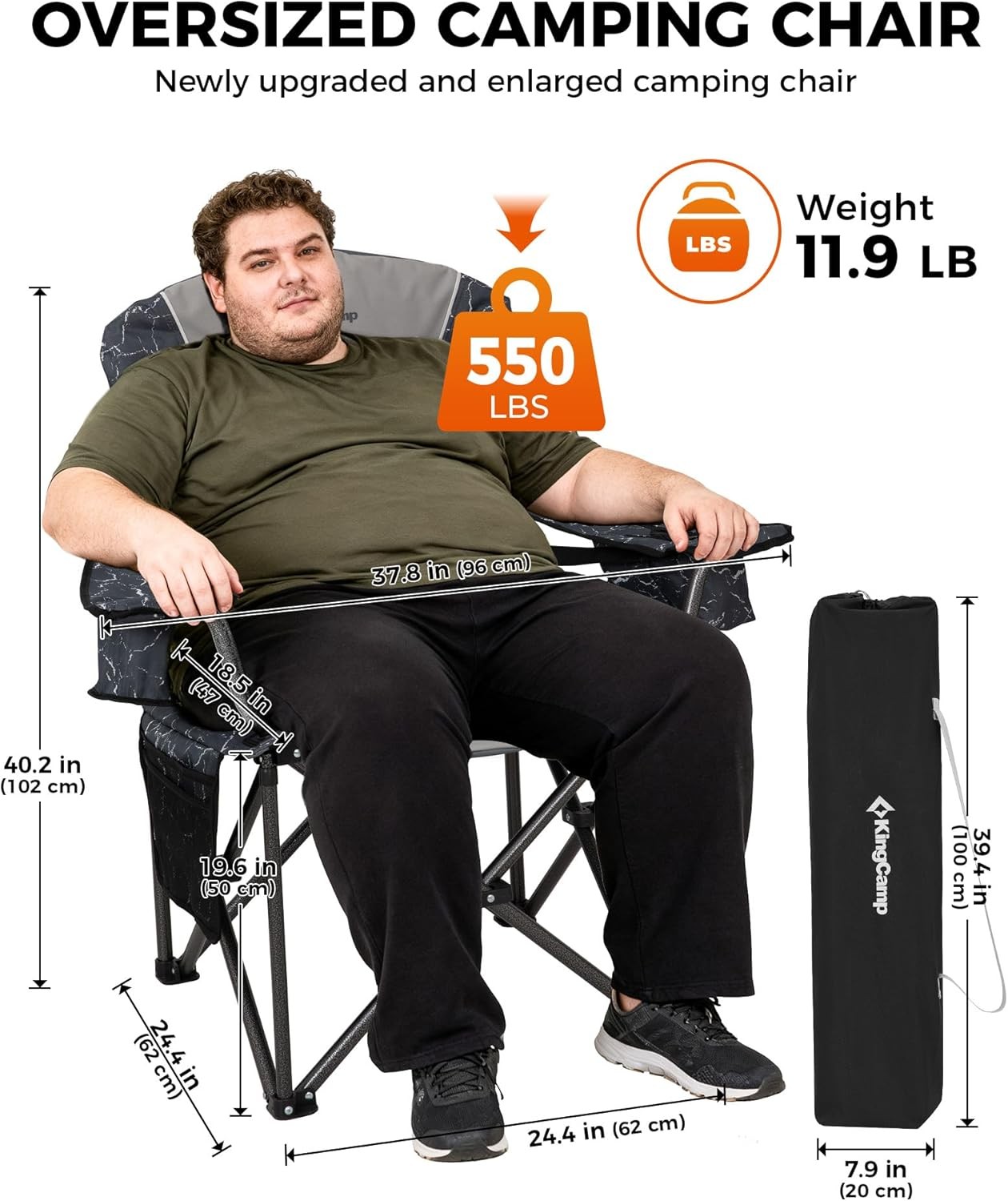 Oversized Camping Chair W/ Adjustable Lumbar Support 550lbs Heavy Duty Padded