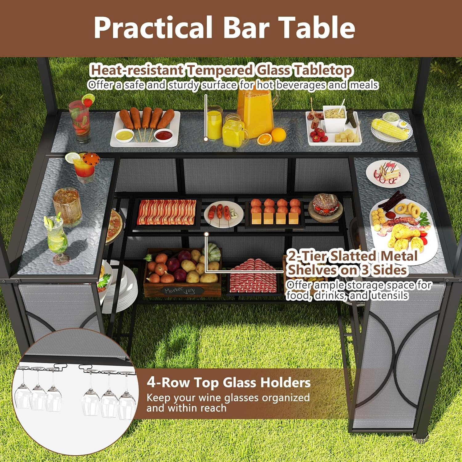 Stylish 3-Piece Patio Bar Set with Canopy, Glass Table & Stools - Grey
