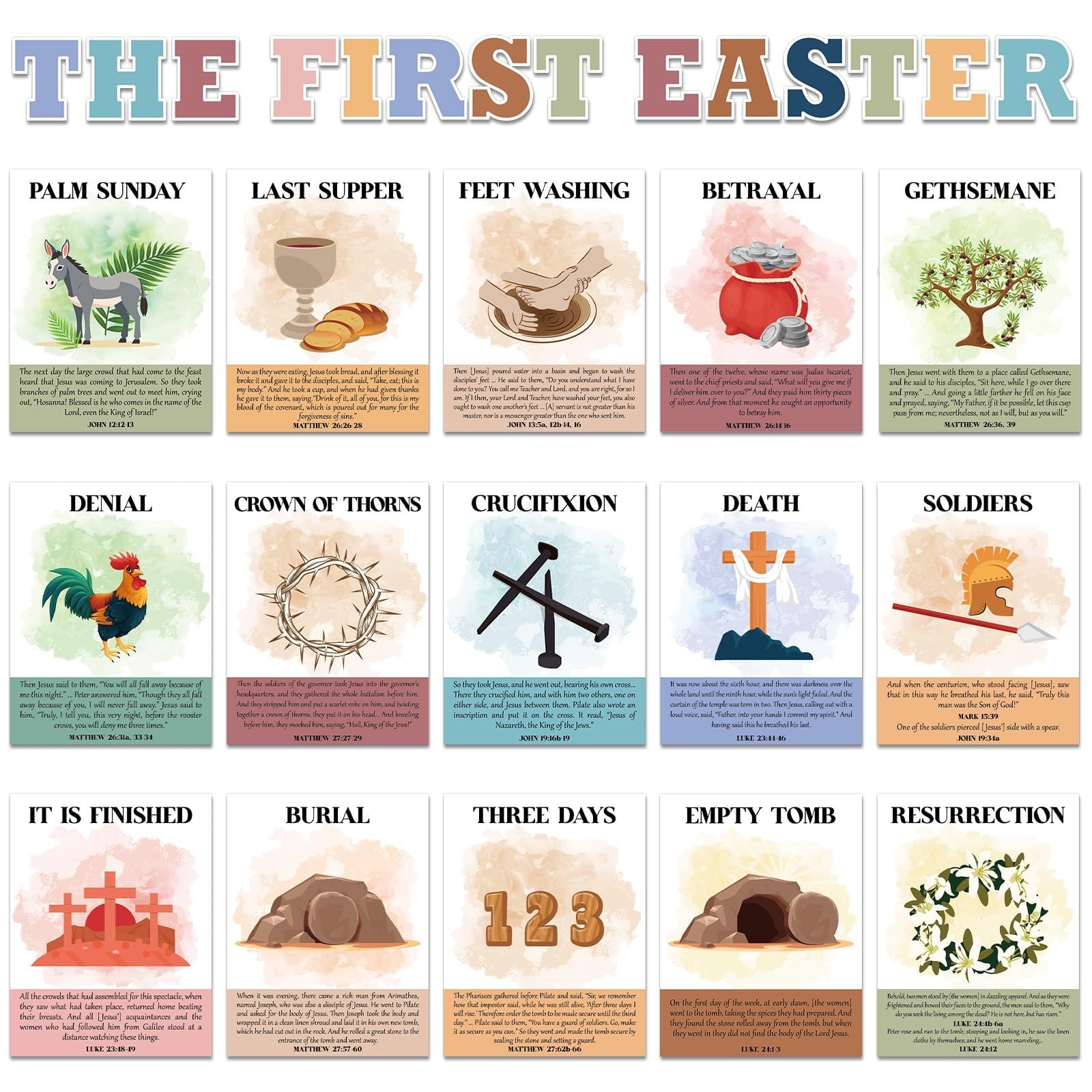 18Pcs Easter Story Posters Boho Christian 14 x 11 inches, Colorful