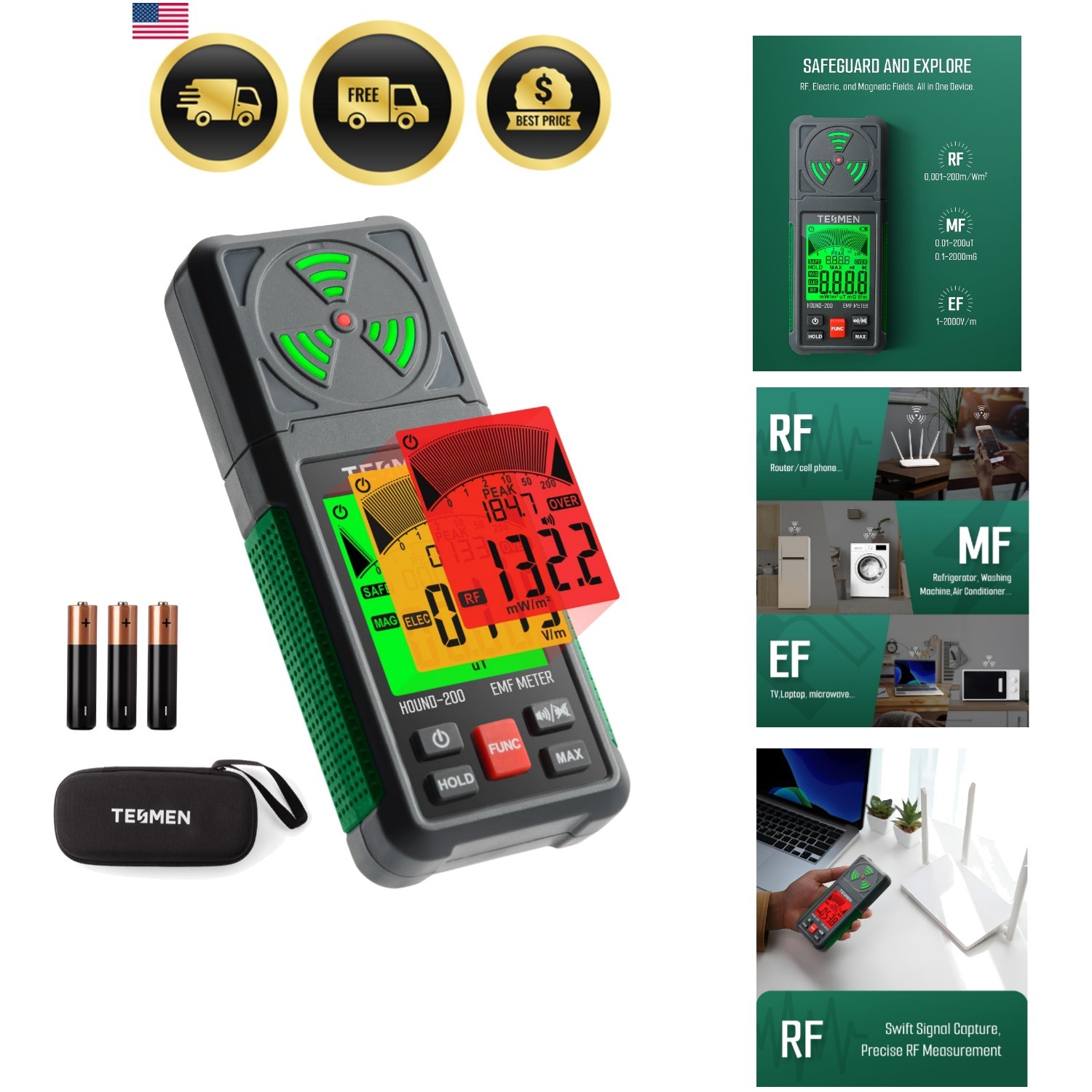 EMF Meter, Hound-200 EMF Detector: 3-in-1 Portable Electromagnetic Field Radi...