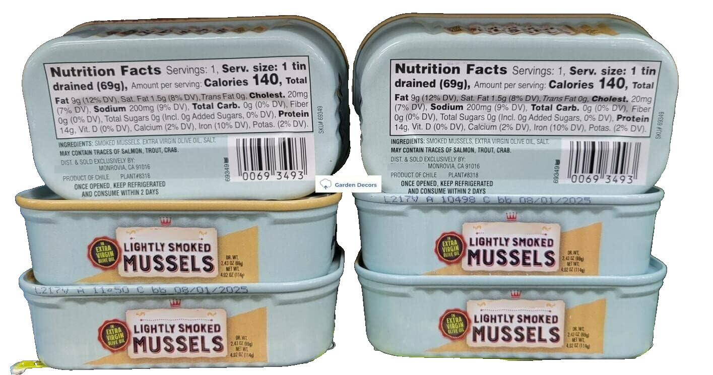 Trader Joe’s Lightly Smoked Mussels in Extra Virgin Olive Oil 4.02oz (6 Cans)