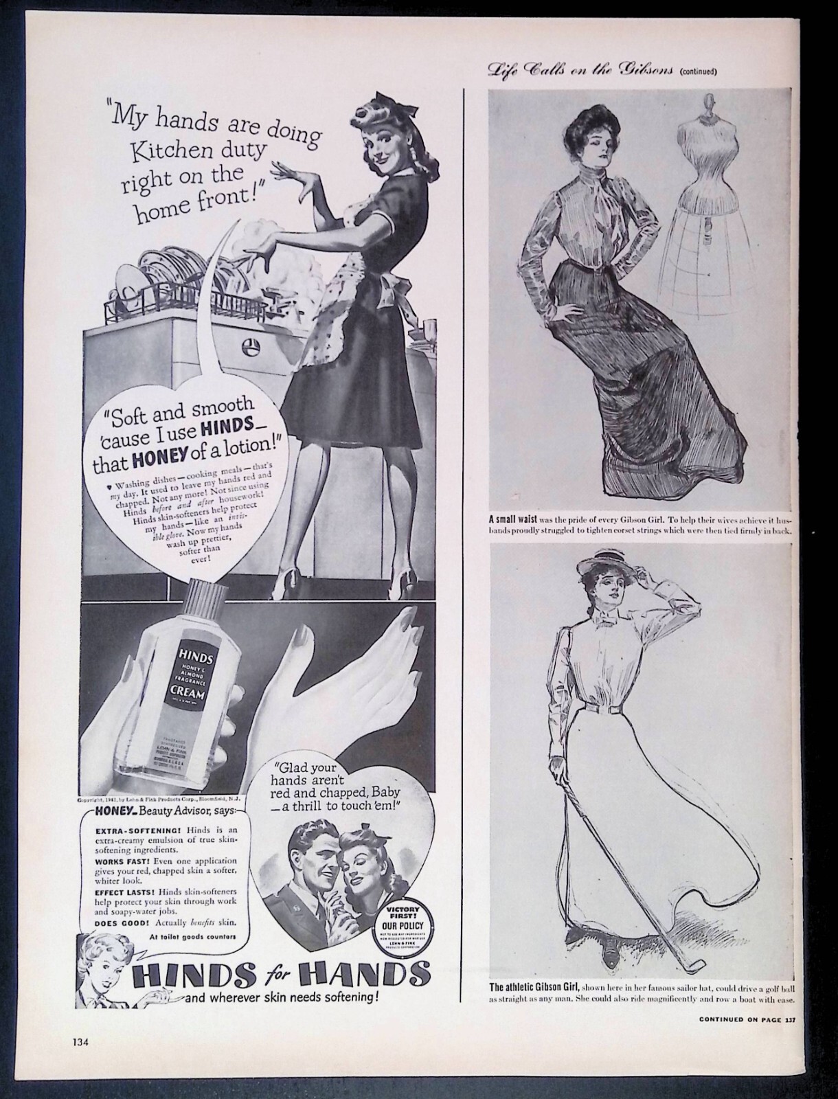 Print Ad 1940's Housewife Washing Dishes Dress Heels Honey Hinds Skin Soft