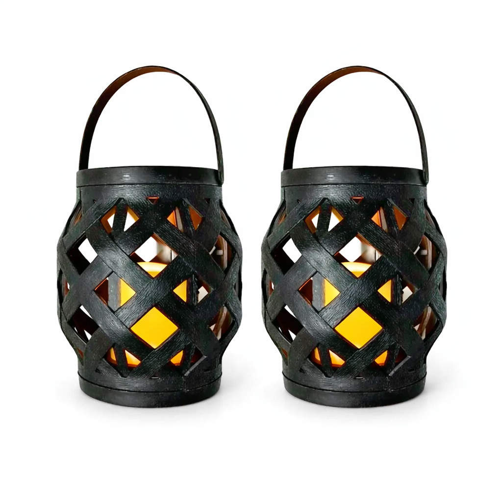Lot of 2 Tabletop LED Basket Weave Lantern Black Plastic Flameless Candle NEW