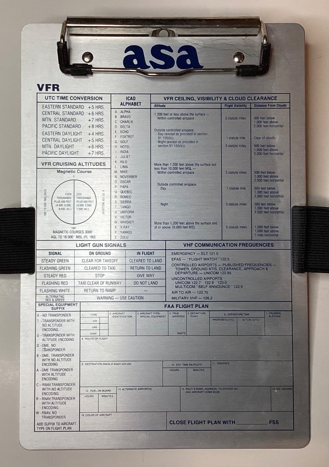ASA VFR METAL FLIGHT CLIPBOARD W/ELASTIC HOOK & LOOP BAND- MADE IN KOREA