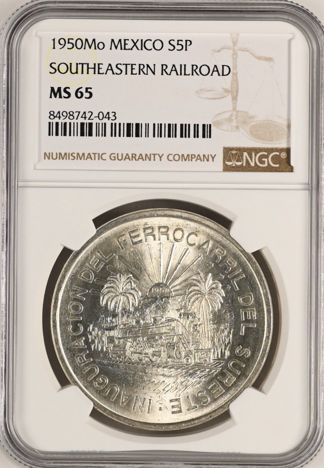 1950-MEXICO SILVER 5 PESOS-SOUTHEASTERN RAILROAD-NGC MS 65-Blast White Gem!
