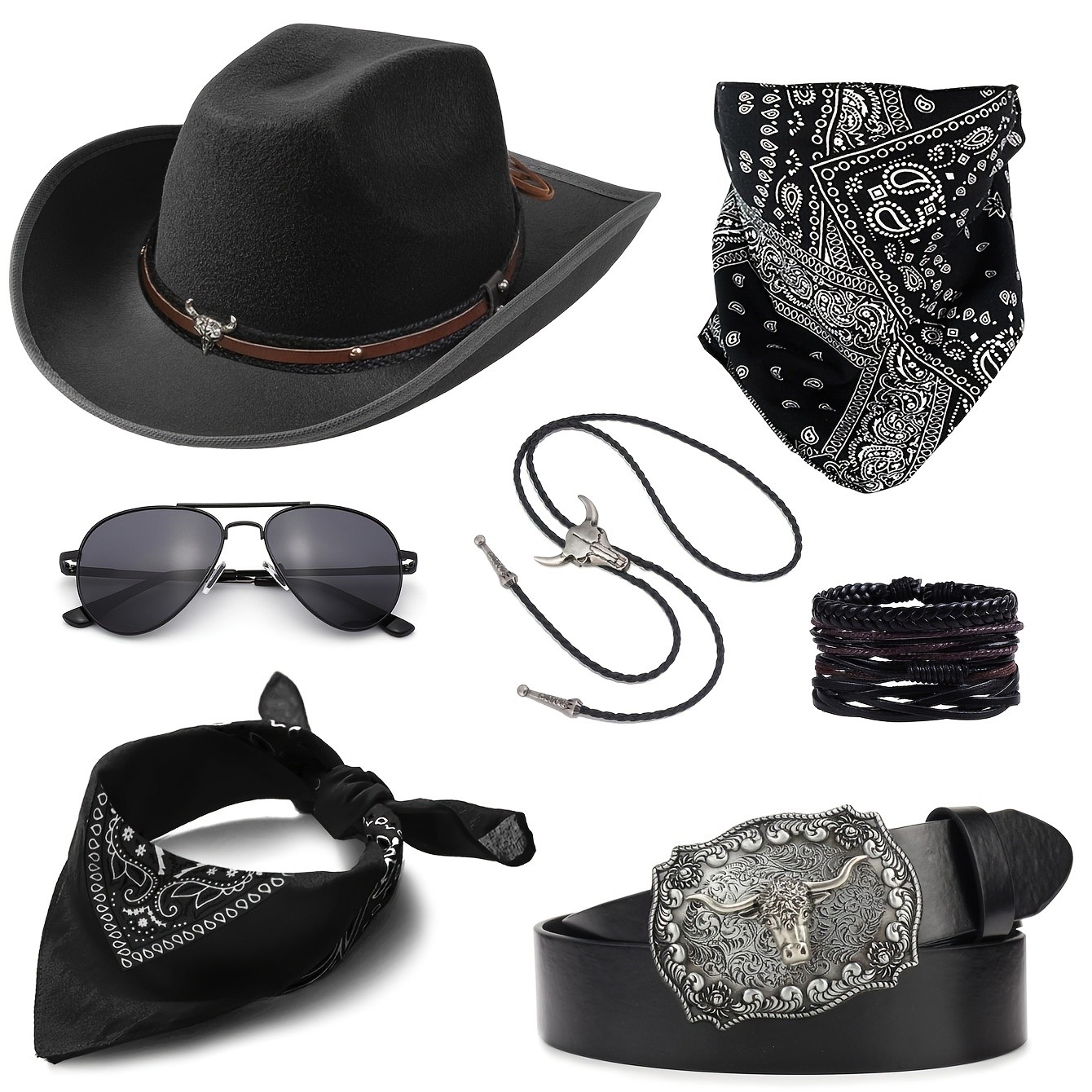 Western Cowboy Hat Belt Sunglasses Accessory Set Men Women for Costume Party