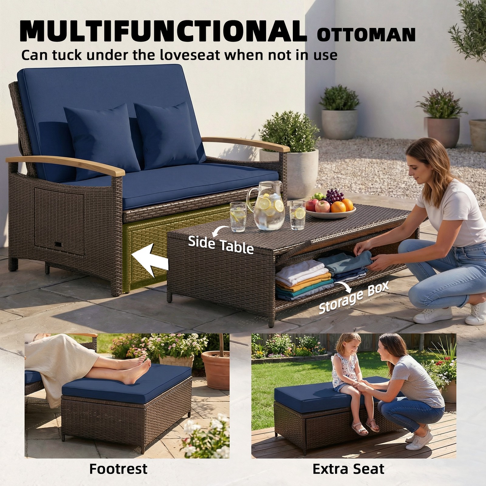 Outsunny Rattan Outdoor Daybed w/4-Level Adjustable Backrest, Navy Blue