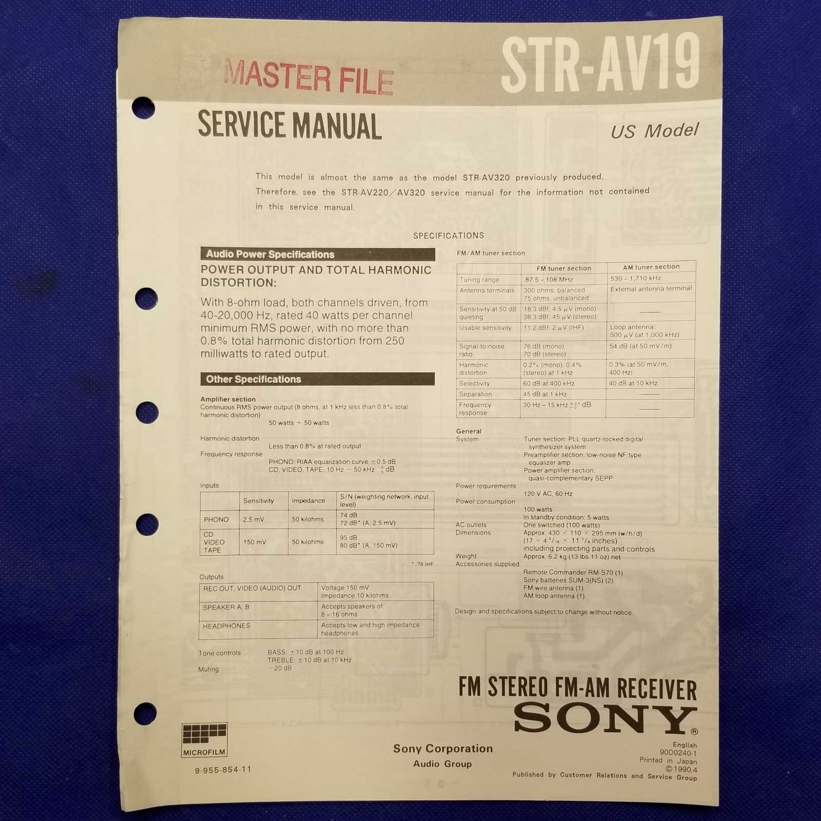 SONY STR-AV19 Service Manual Original Paper OEM Repair Guide - USA