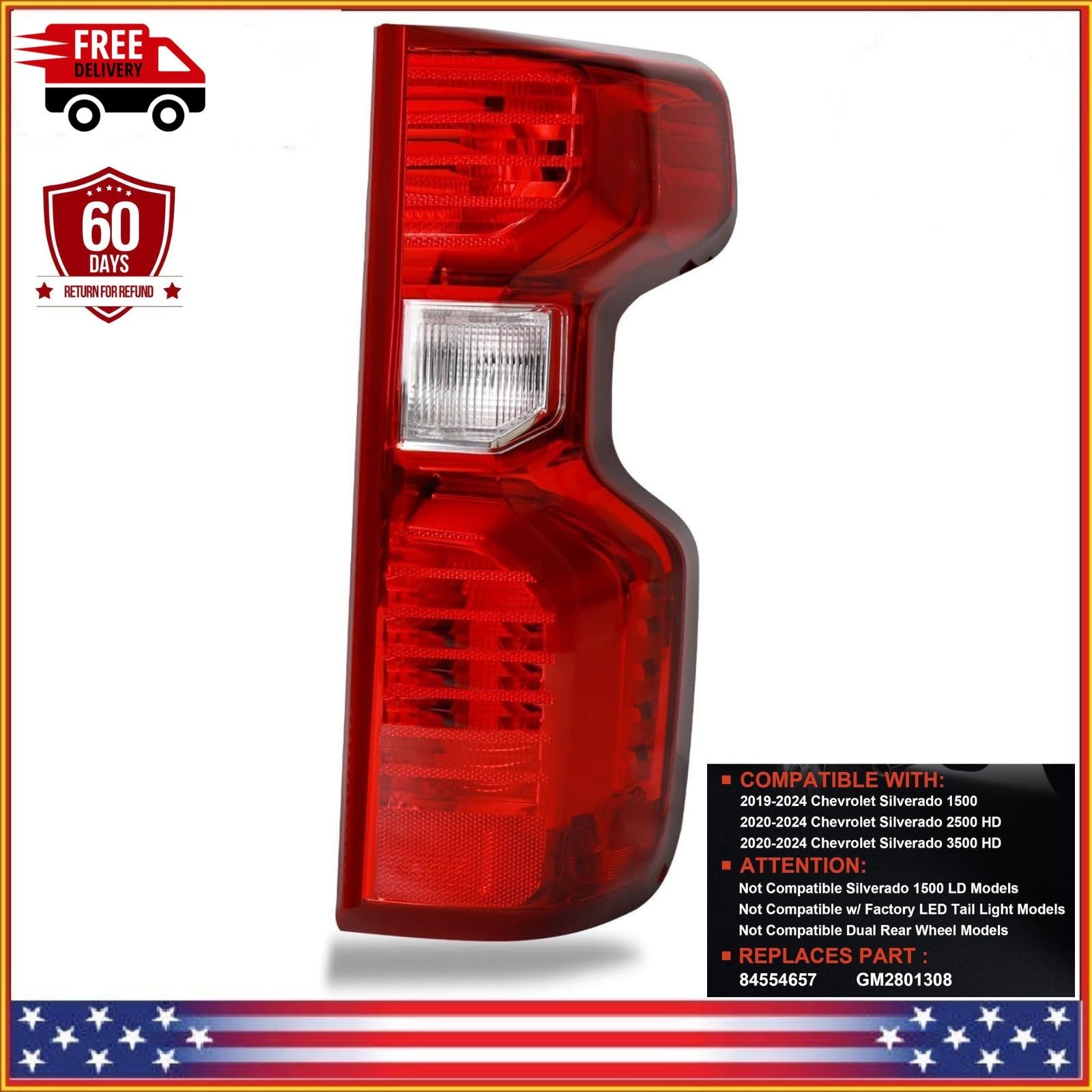 Right Passenger Side Halogen Tail Light for 2019-2024 Chevy Silverado 1500 2500H