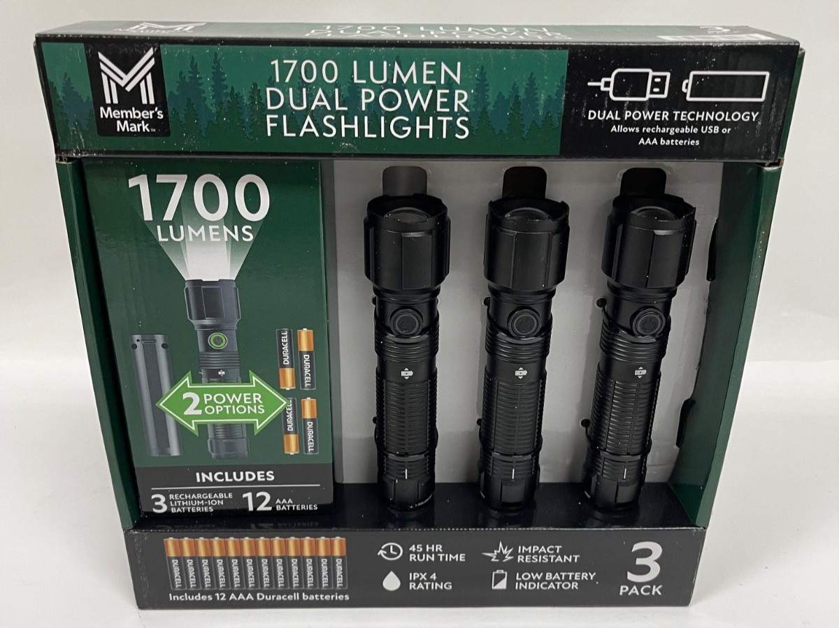 3 Pack Members Mark 1700 Lumen Dual Power LED Flashlights Set Rechargeable & AAA