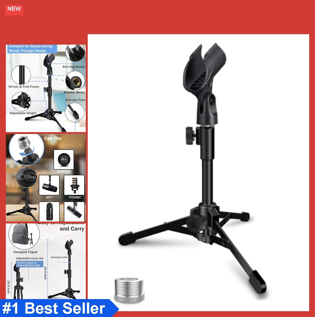 Desktop Mic Stand Tripod Foldable Portable Microphone Stand with Clip Holder