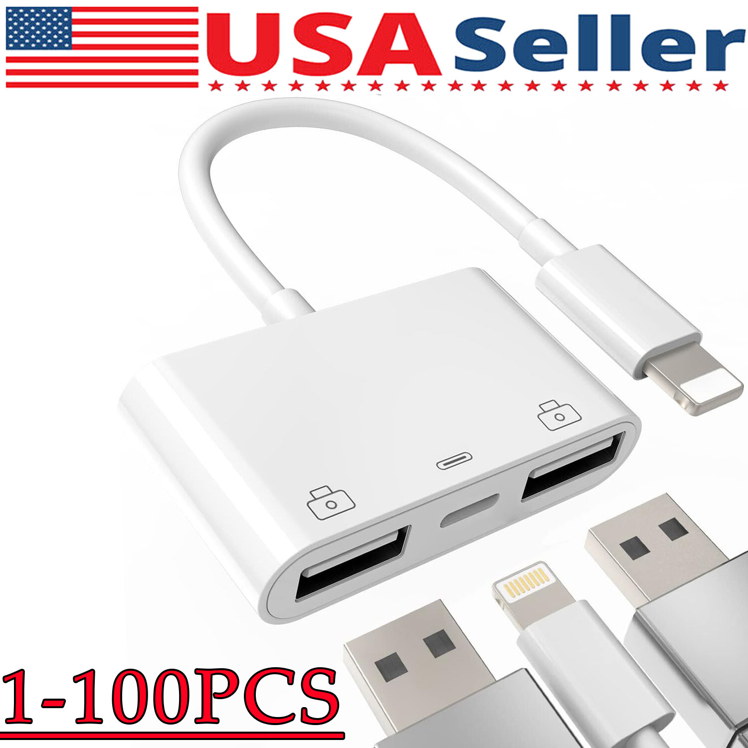For iPhone to dual USB 3.0 Camera OTG Adapter with Charging Port for iPad Lot