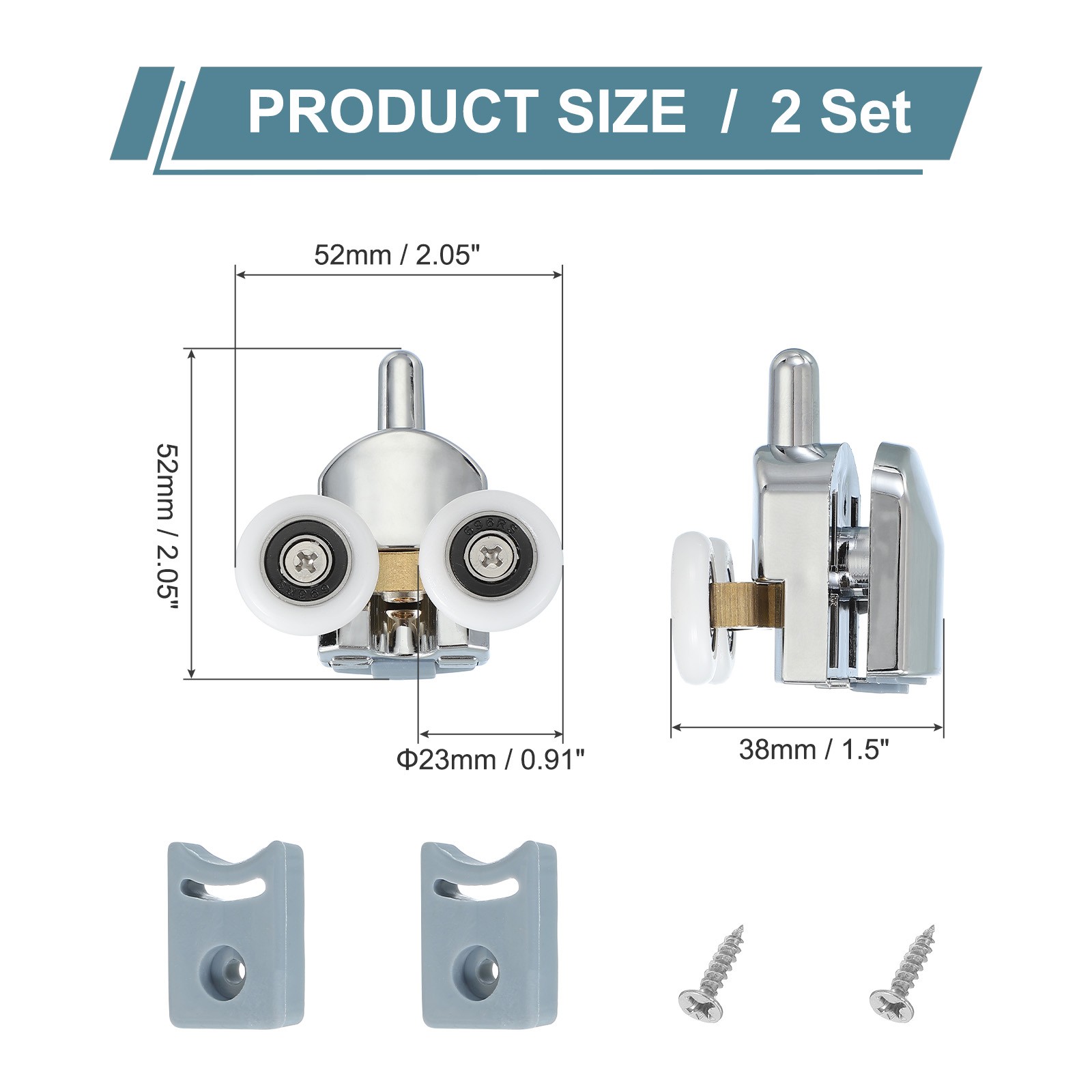2Pcs 23mm Double Shower Door Rollers Copper Bottom Wheels Pulleys Guide Silver